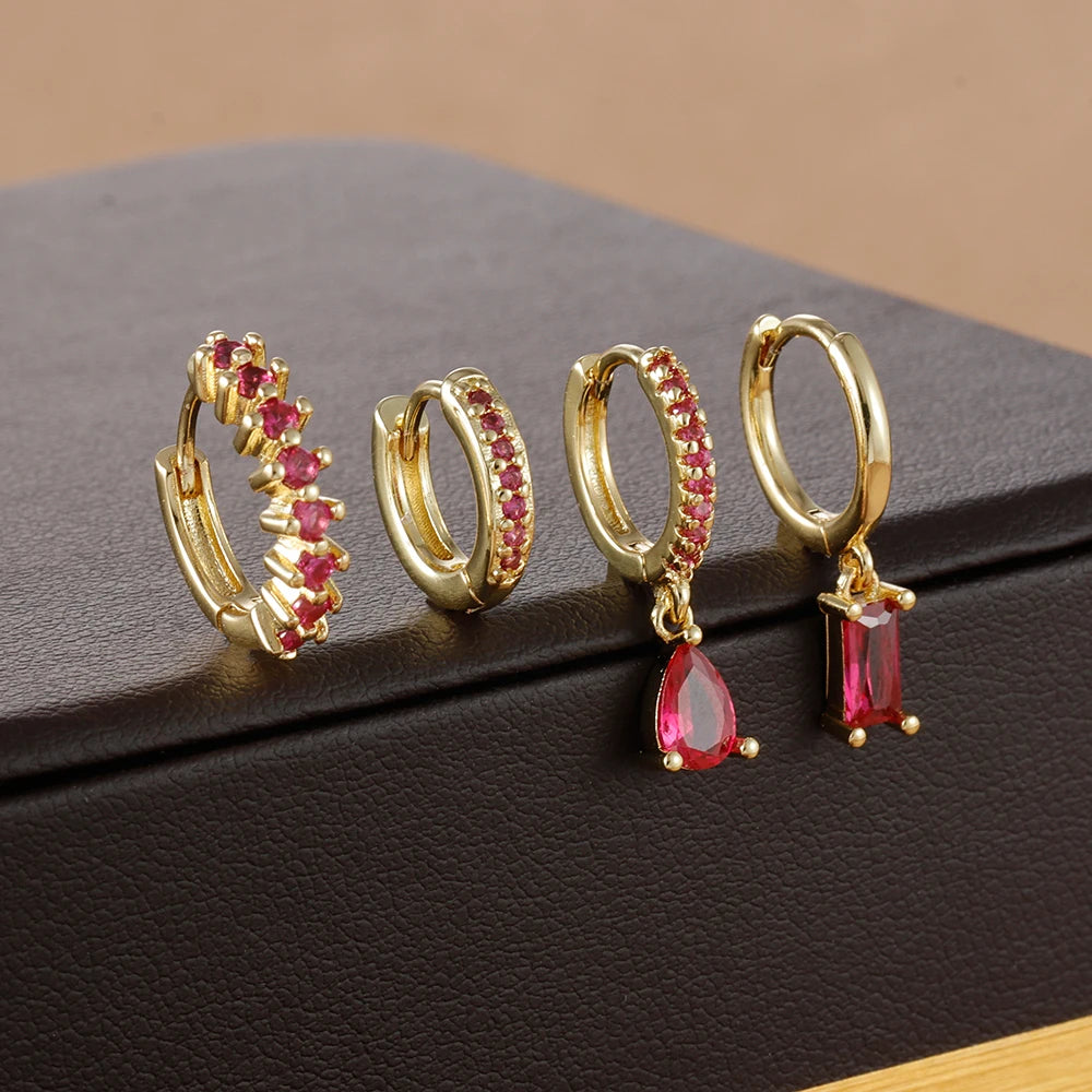 4pcs Korean Stainless Steel Zircon Water Drop Piercing Earrings Set