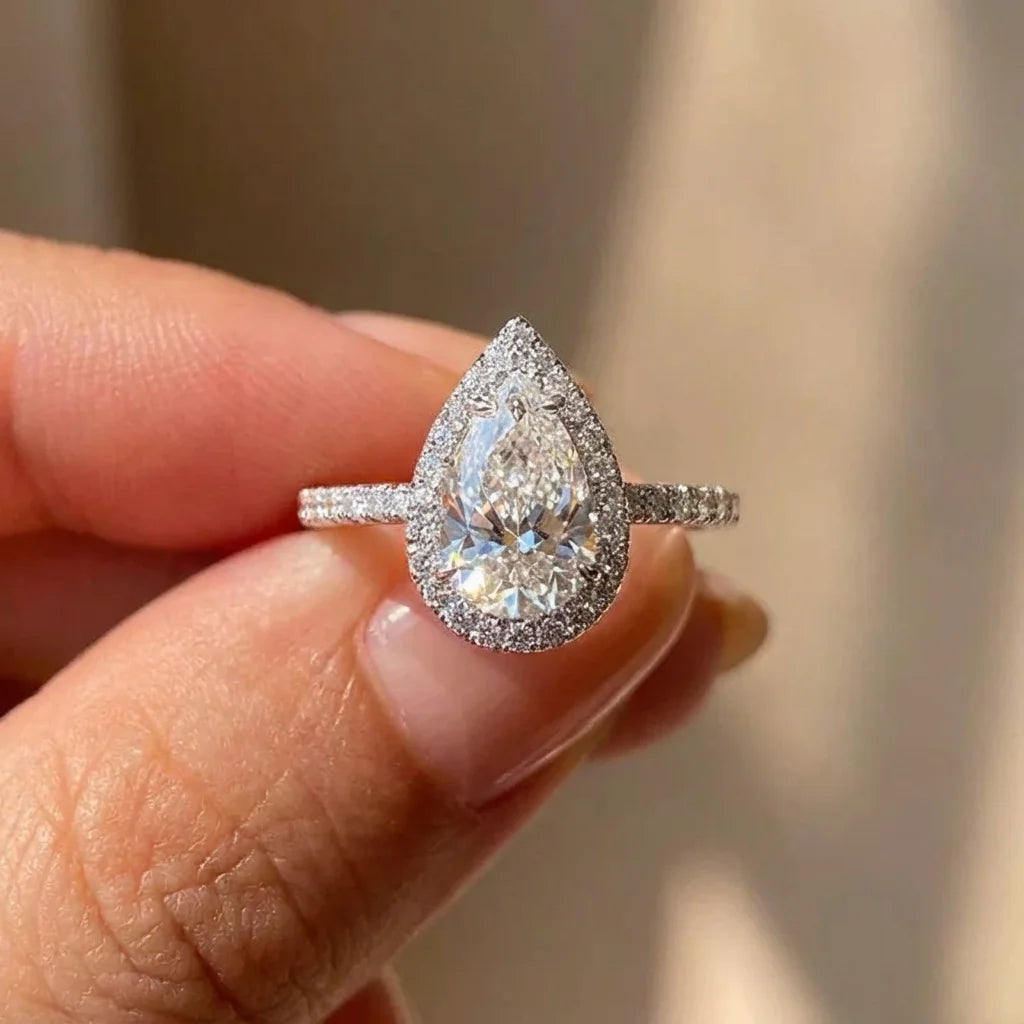925 Sterling Silver 1CT Simple Sparkling Pear Shape Zircon Ring Engagement Wedding Luxury