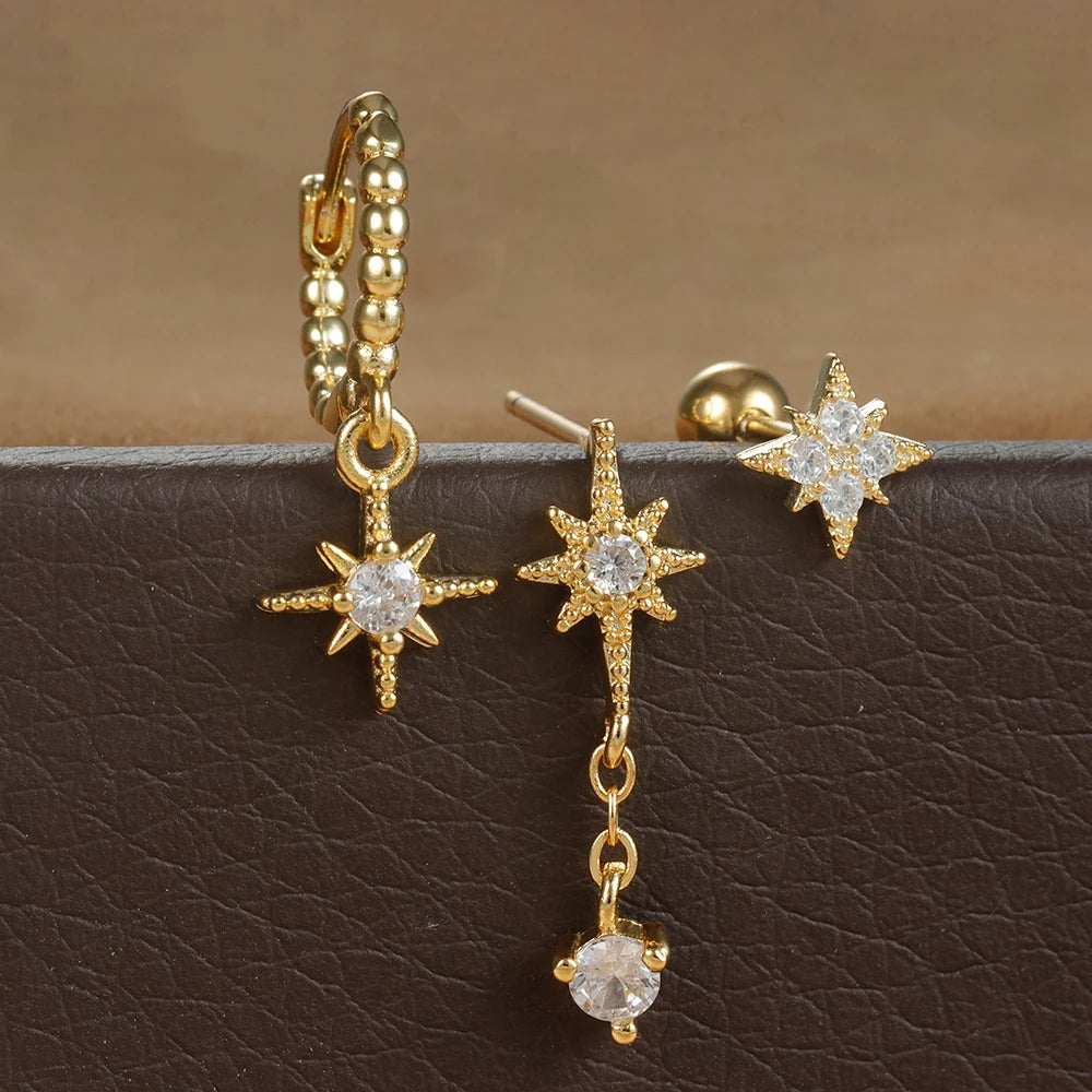3PCS Gold Colour Star Earrings Set Zircon Pendant Stainless Steel