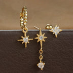 3PCS Gold Colour Star Earrings Set Zircon Pendant Stainless Steel