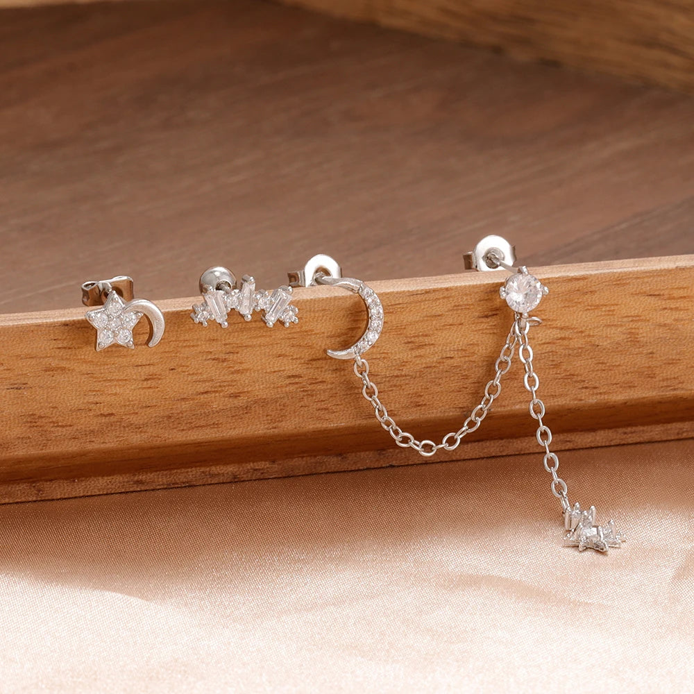 3PCS Stainless Steel Fashion Tassel Chain Stud Piercing Earrings Set
