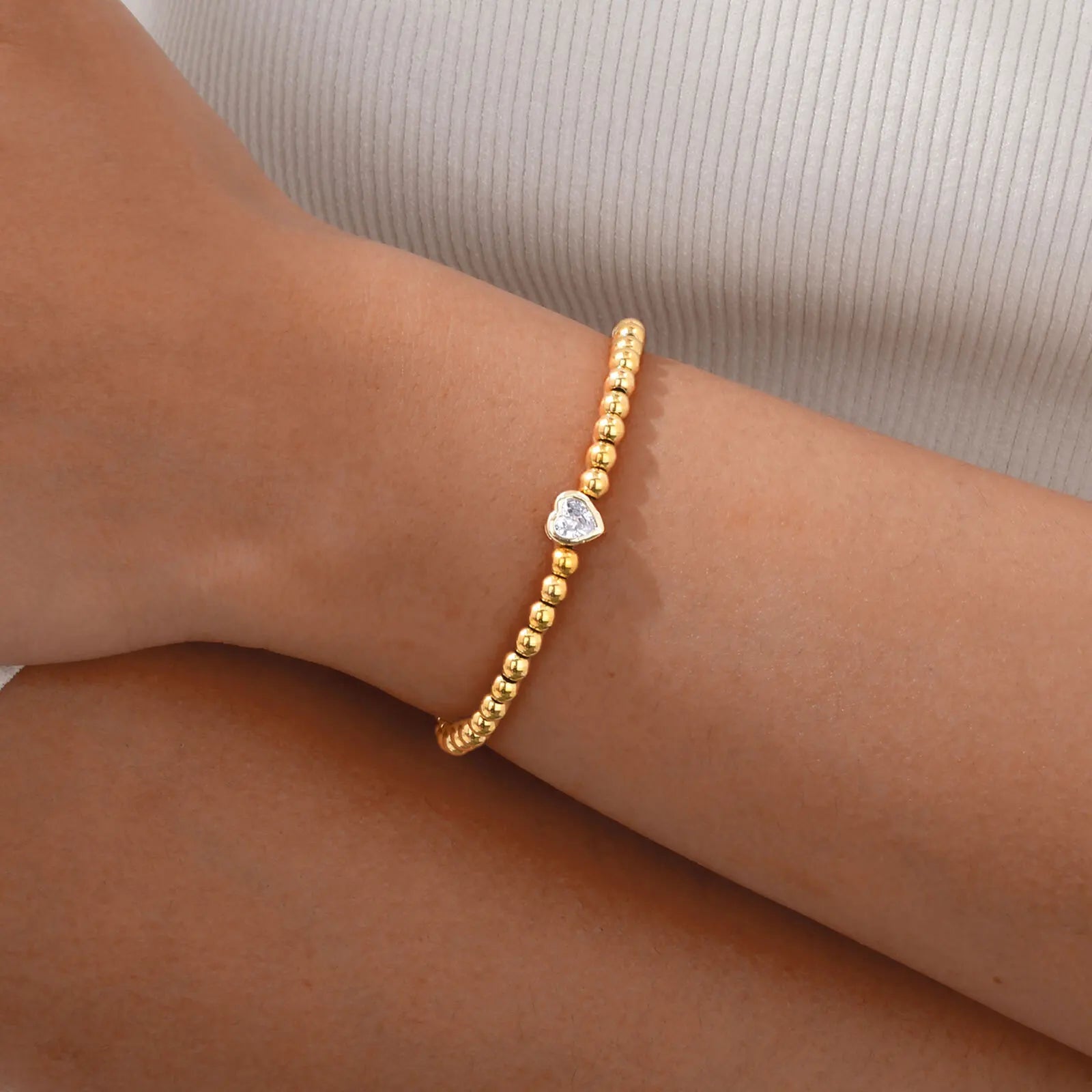 Zirconia Heart Bracelet for Women, Beaded Strand Link Bangle Gold Plated, Stainless Steel Adjustable Bracelets