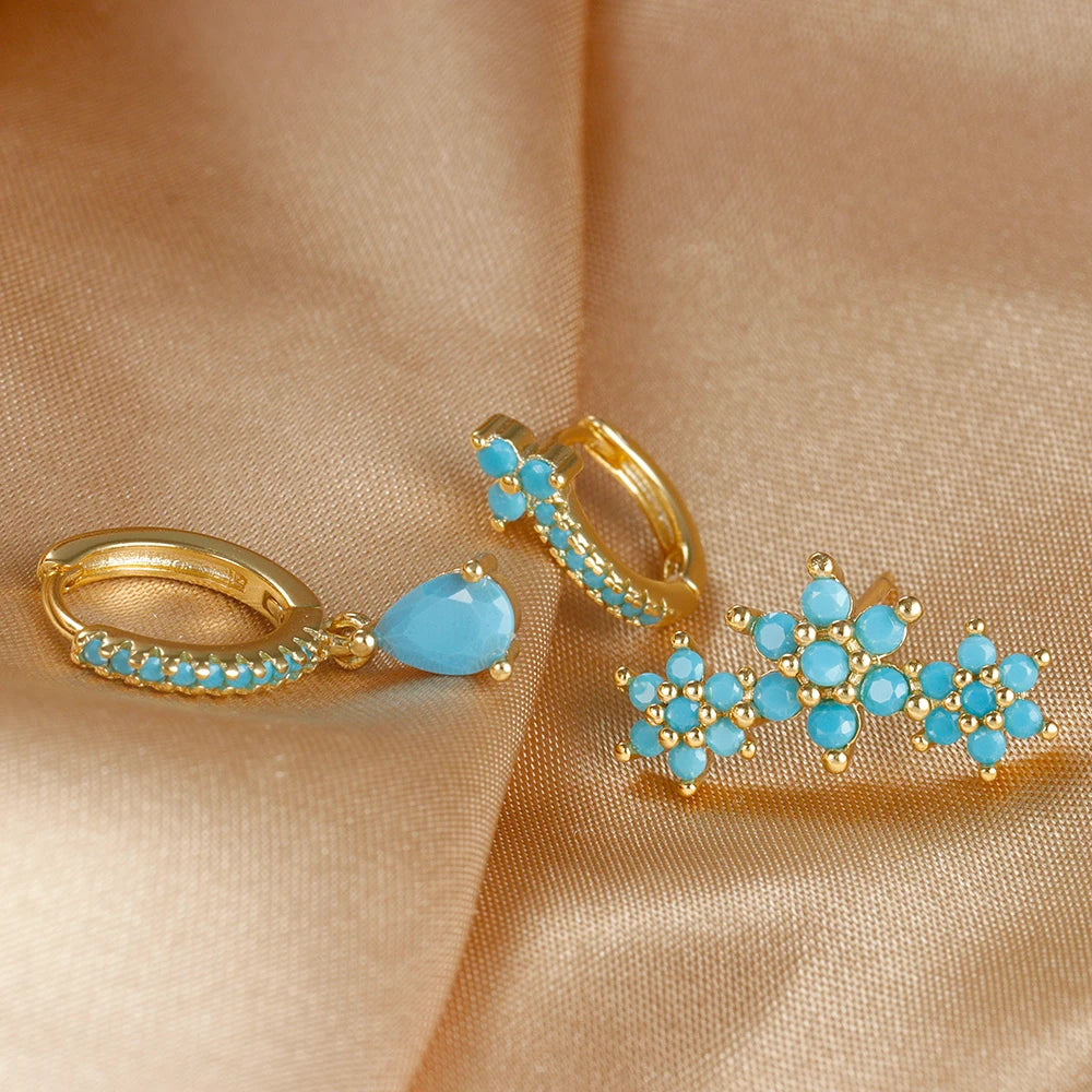 Vintage Blue Turquoise Water Drop Hoop Earring Set Geometric Steel