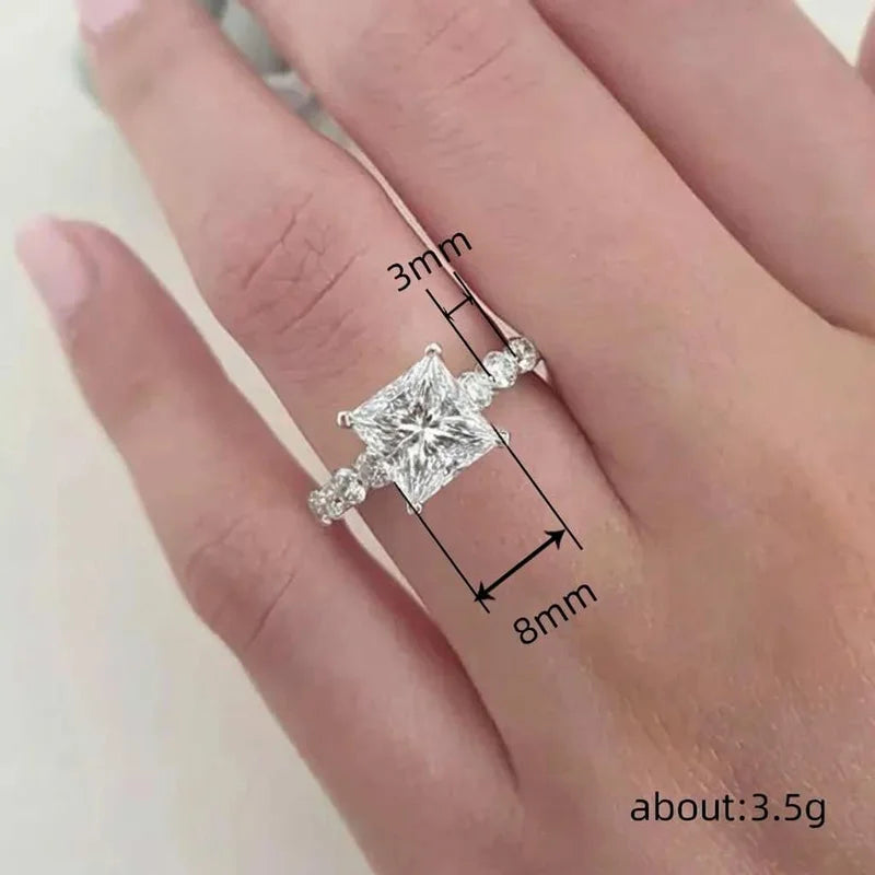 925 Sterling Silver Eternity Princess Square Cubic Zirconia Crystal Ring Classic Wedding Jewellery