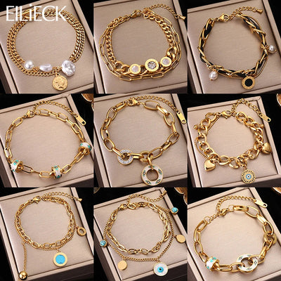 Gold Colour Multilayer Stainless Steel Charm Bracelet Men Women Bangle