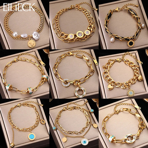 Gold Colour Multilayer Stainless Steel Charm Bracelet Men Women Bangle