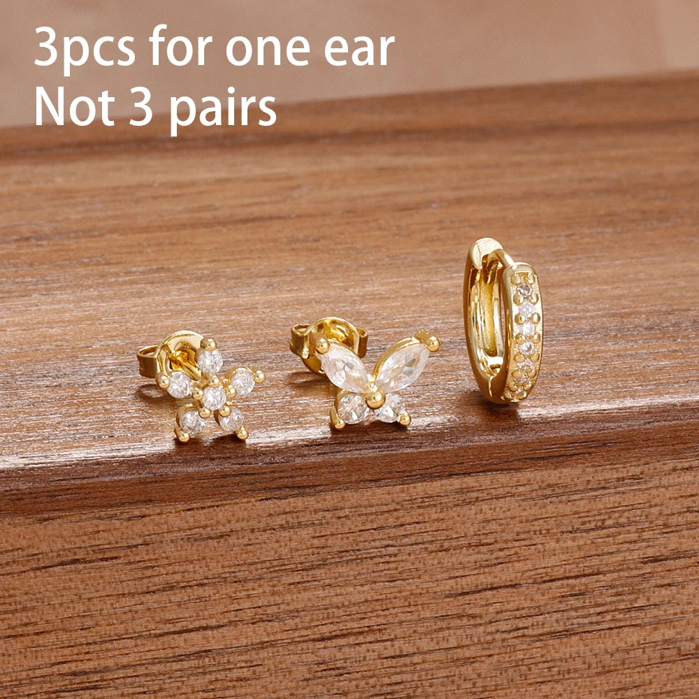 3PCS Korean Stainless Steel Butterfly Crystal Zirconia Hoop Earrings