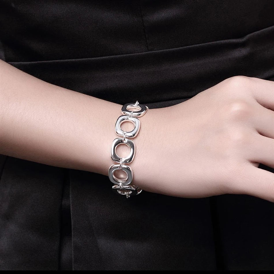 Square Chain Bracelet 925 Sterling Silver Classic Women Wedding Party Gift