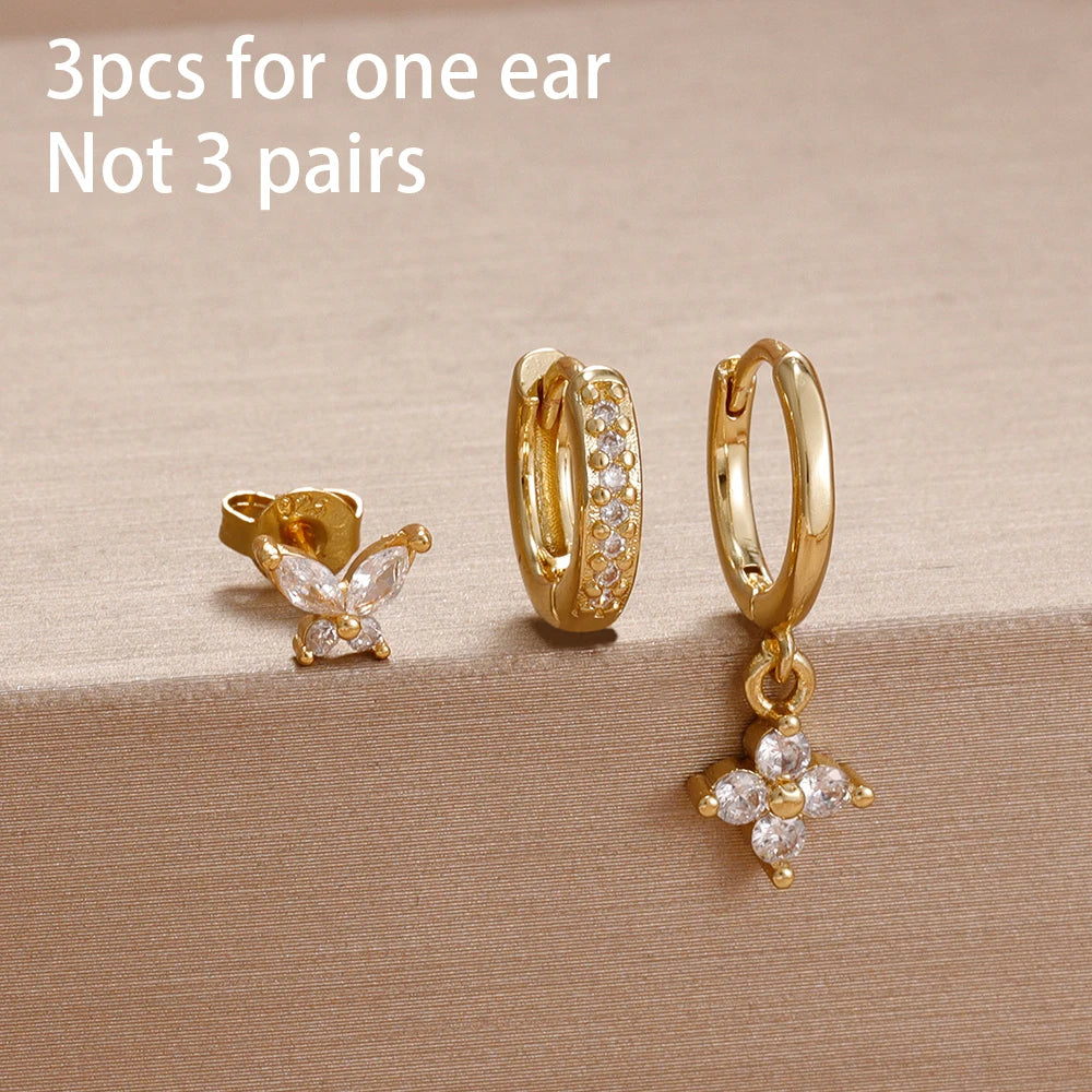 3PCS Fashion Simple Zircon Hoop Earrings Set Stainless Steel Punk