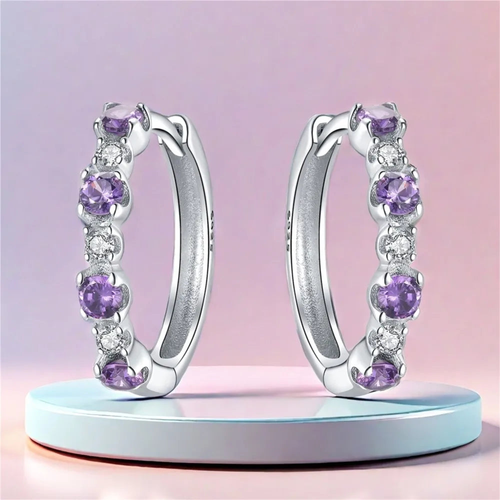 925 Sterling Silver Purple Inlaid Stone Versatile Hoop Earrings Birthday Gift