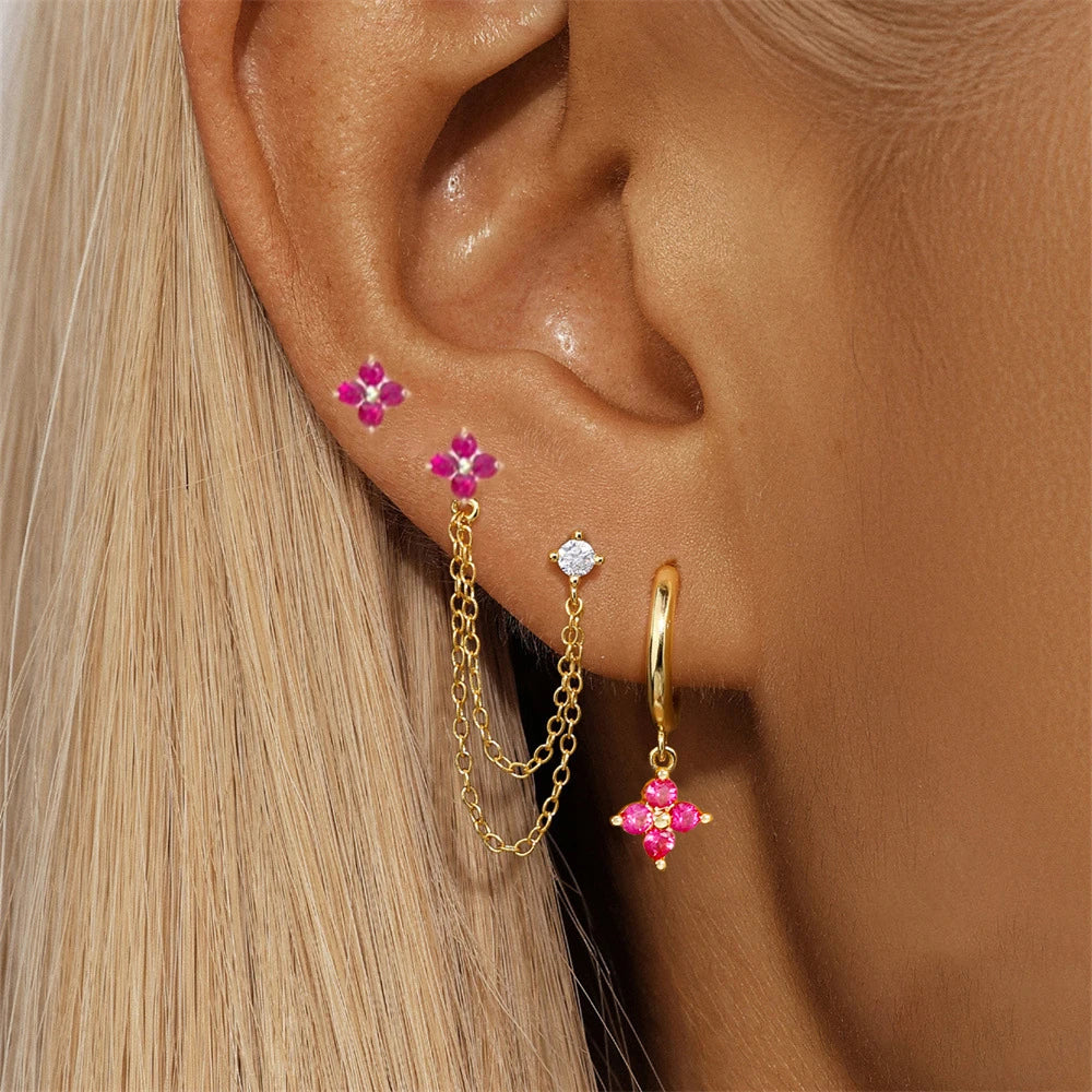 Exquisite Green Zircon Flower Hoop Earrings 18K Gold Plated Steel