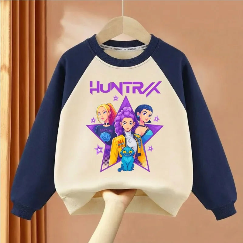 Girls O-Neck Spliced Long Sleeve Hoodies Cartoon Print Casual Pullovers