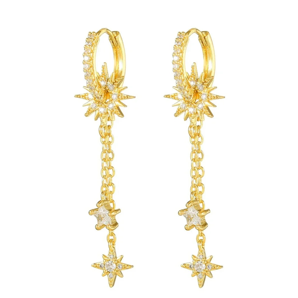 Vintage Stainless Steel Zirconia Sun Star Dangle Earrings Punk Rock