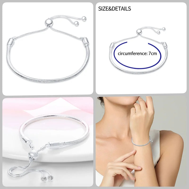 925 Silver 17-20CM Heart Pave Zirconia Original Bracelets Infinity Bracelet Fit DIY Charms Bead Birthday Jewelry Gifts Hot Sale