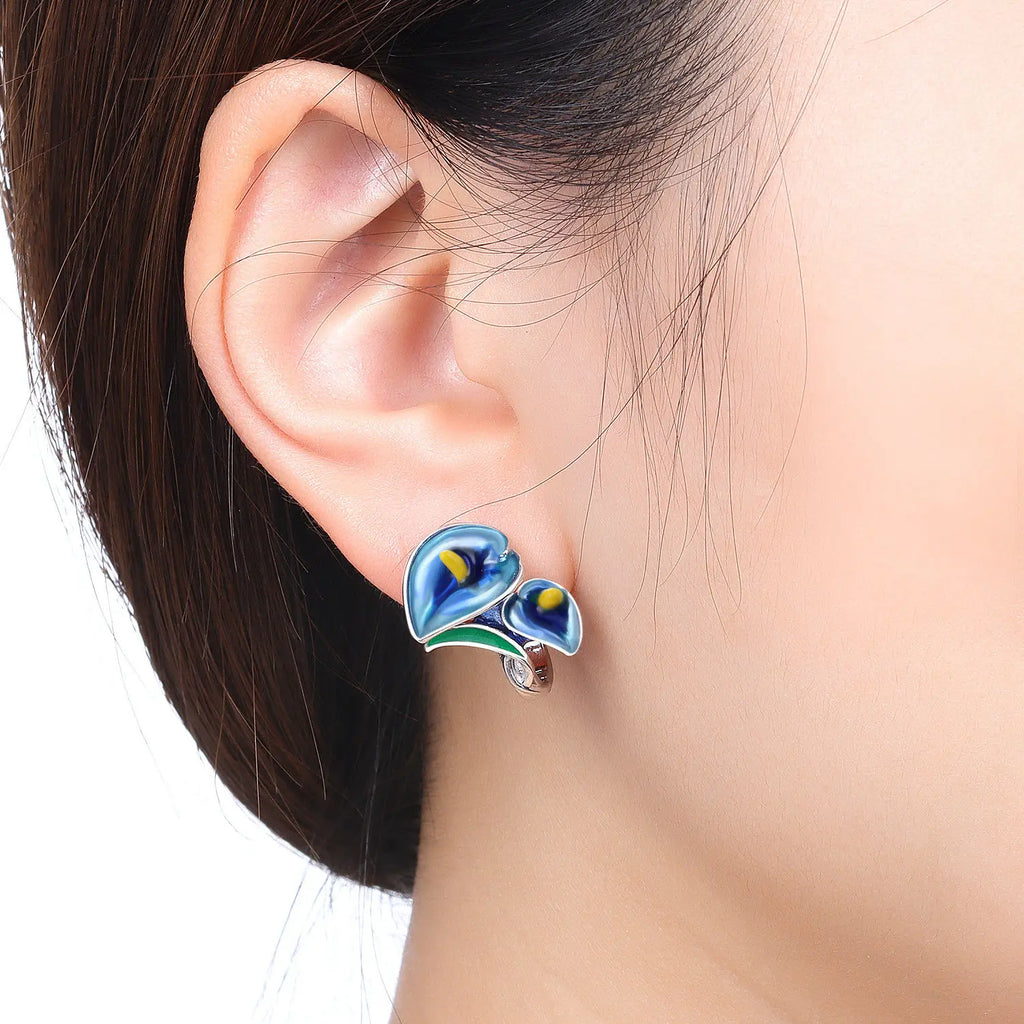 925 Sterling Silver Blue Horseshoe Lotus Ear Studs Hoop Earrings Trendy Gift