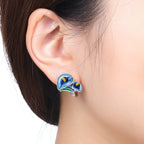 925 Sterling Silver Blue Horseshoe Lotus Ear Studs Hoop Earrings Trendy Gift