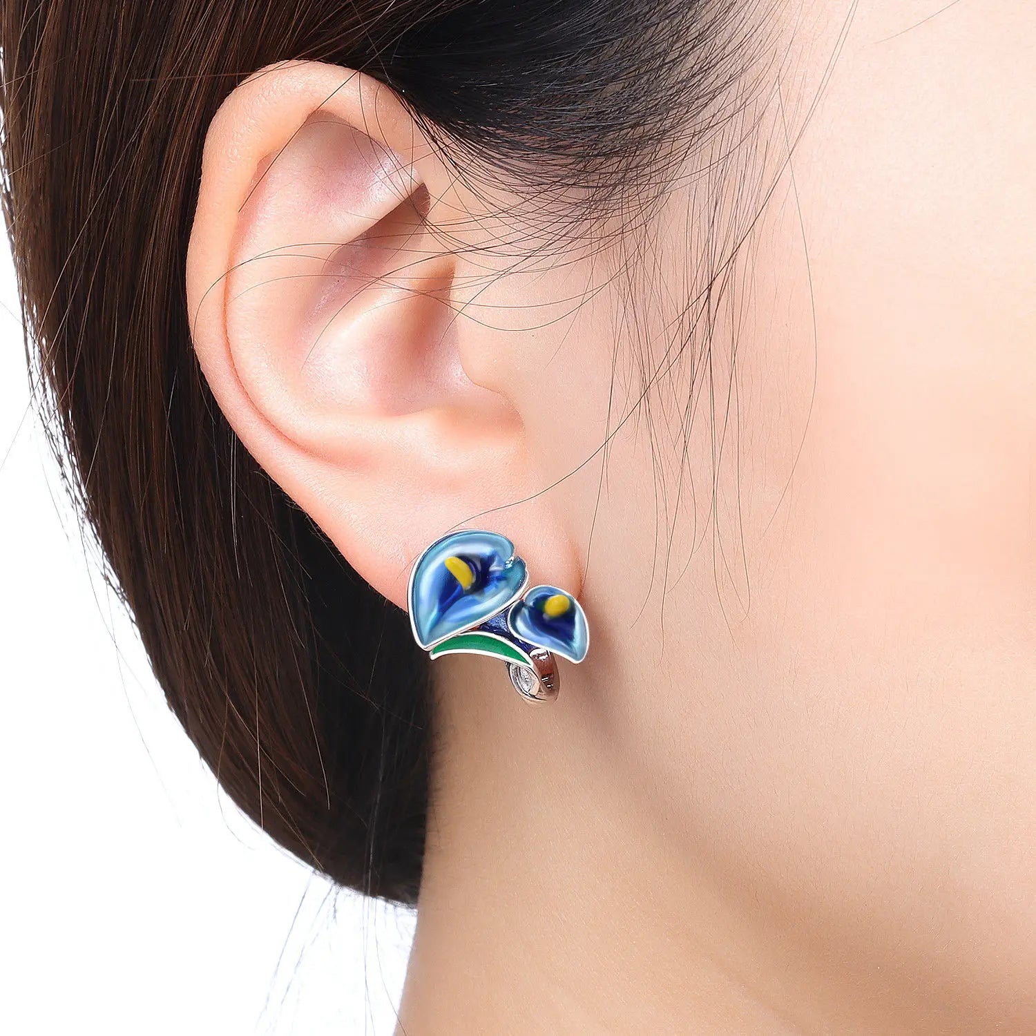 925 Sterling Silver Blue Horseshoe Lotus Ear Studs Hoop Earrings Trendy Gift