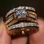 Cute Female Big Zircon Ring Set Crystal Silver Color Yellow Gold Bridal Wedding Jewelry For Women