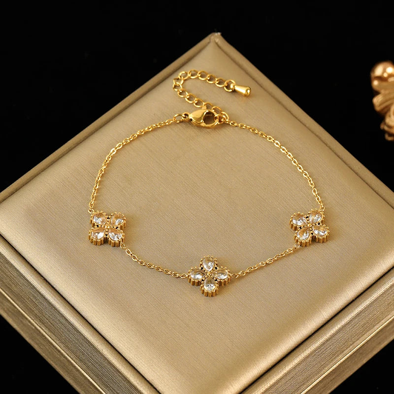 Colored Transparent Stone Stainless Steel Bracelet Exquisite Thin Chain