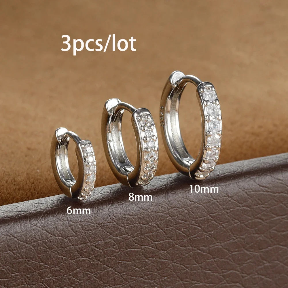 3PCS Round Circle Stainless Steel Zircon Huggie Hoop Earrings Set