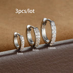 3PCS Round Circle Stainless Steel Zircon Huggie Hoop Earrings Set