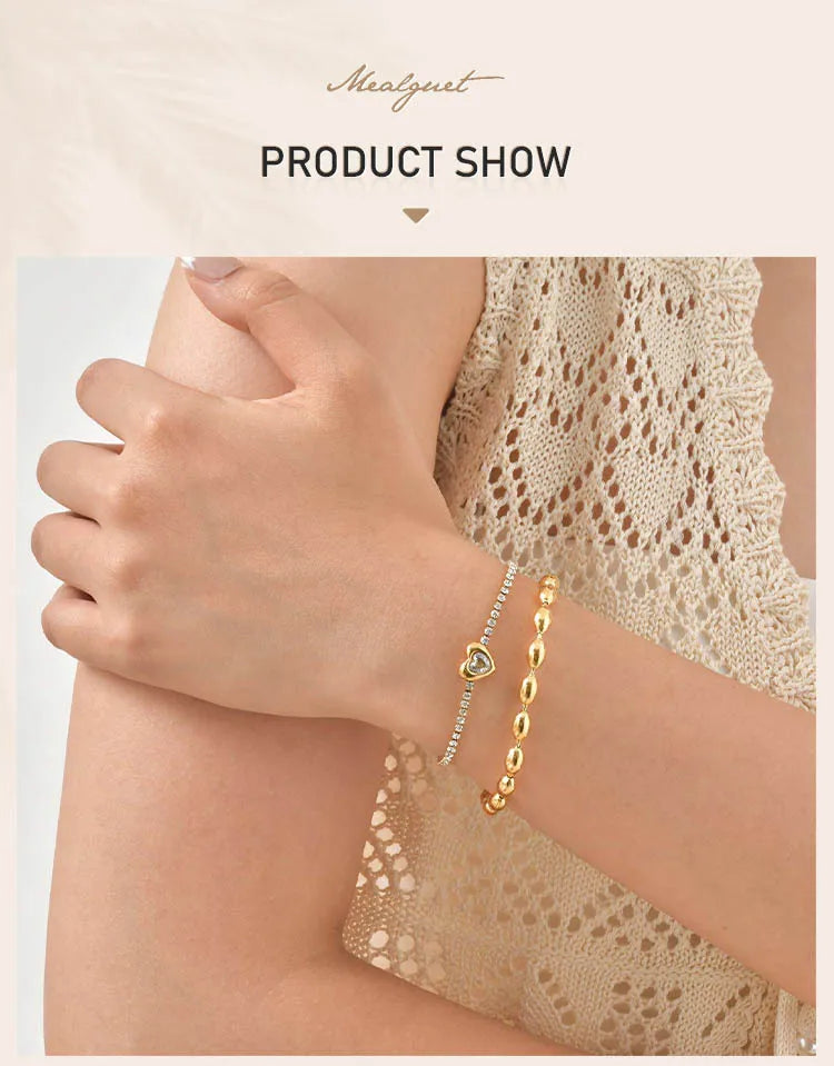Stainless Steel Heart-shaped Rhinestone Bracelet for Women, Oval Beaded Bracelet Layered Waterproof Hand Wristband