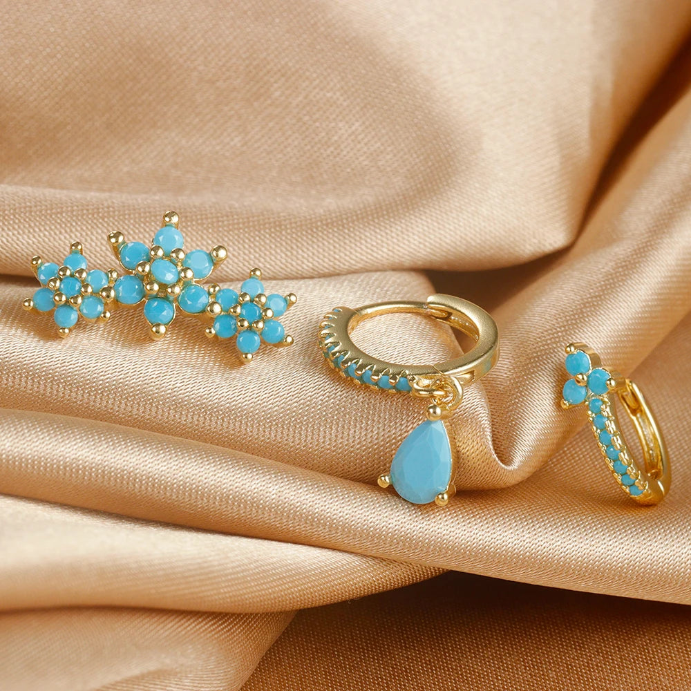 Vintage Blue Turquoise Water Drop Hoop Earring Set Geometric Steel