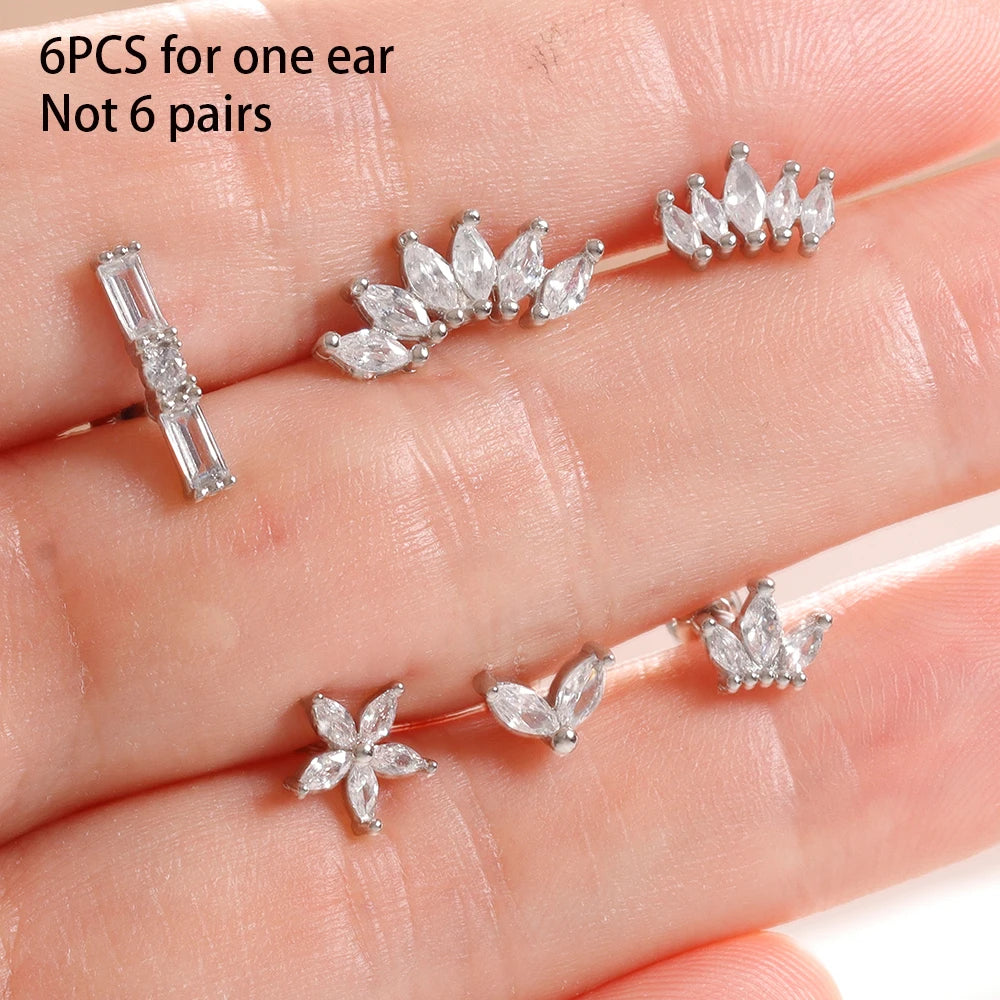 6 Pieces Flower Crown Stainless Steel Zircon Small Stud Earrings