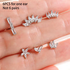 6 Pieces Flower Crown Stainless Steel Zircon Small Stud Earrings