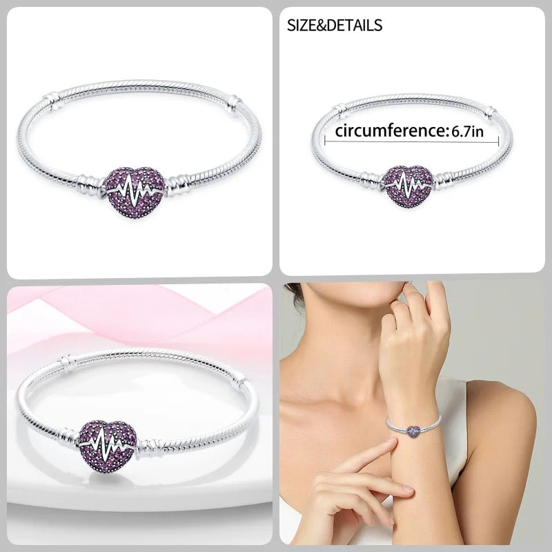 925 Silver 17-20CM Heart Pave Zirconia Original Bracelets Infinity Bracelet Fit DIY Charms Bead Birthday Jewelry Gifts Hot Sale