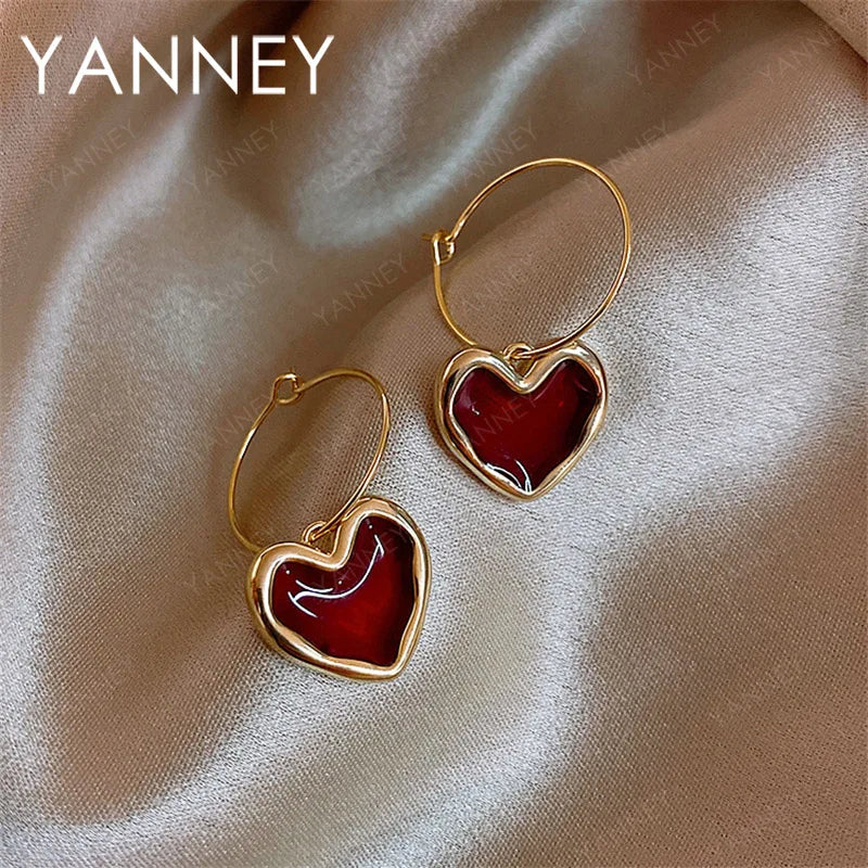 925 Sterling Silver 18K Gold Red Heart Earrings Women Fashion Birthday Gift