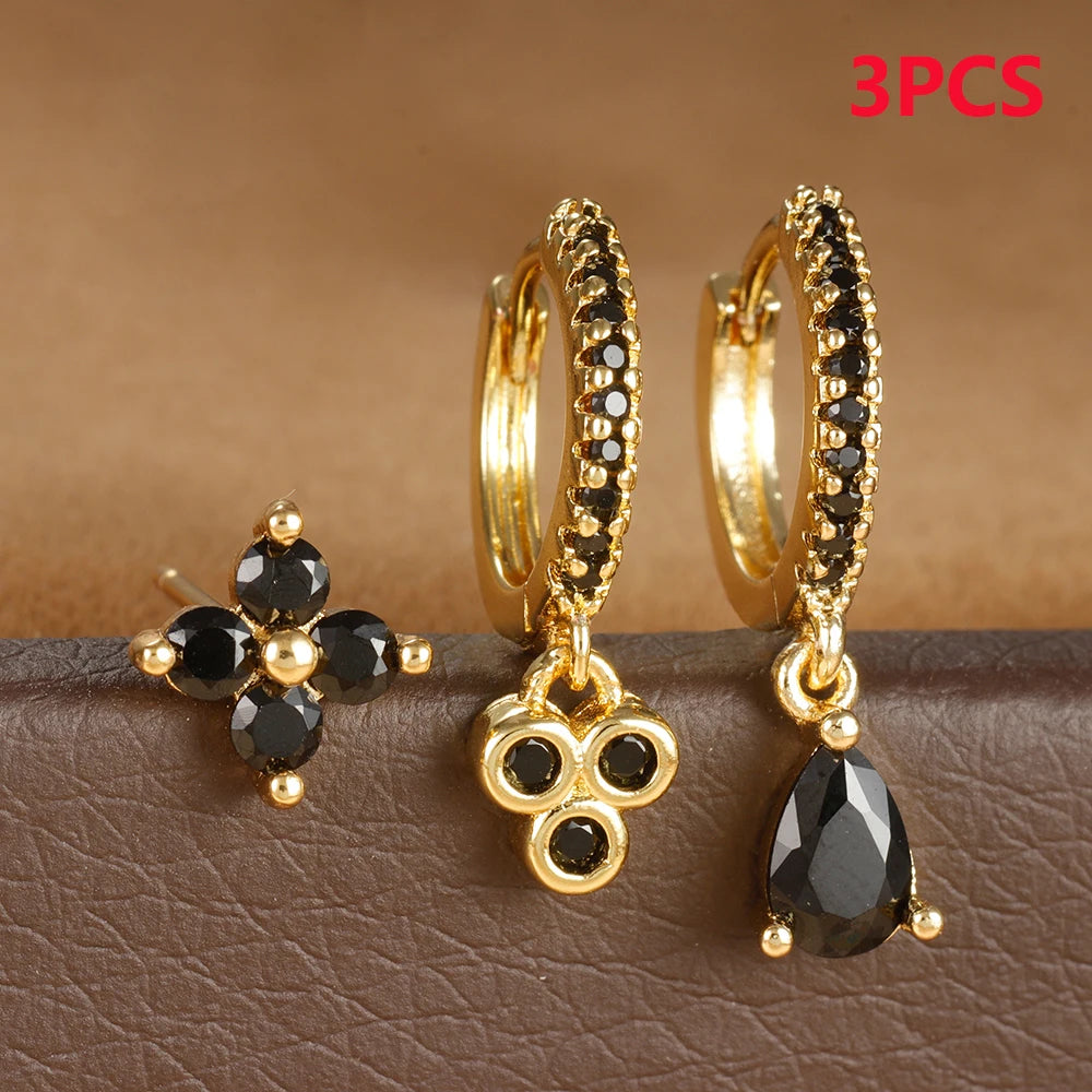 3PCS Vintage Stainless Steel Flowers Huggies Hoop Earrings Zircon