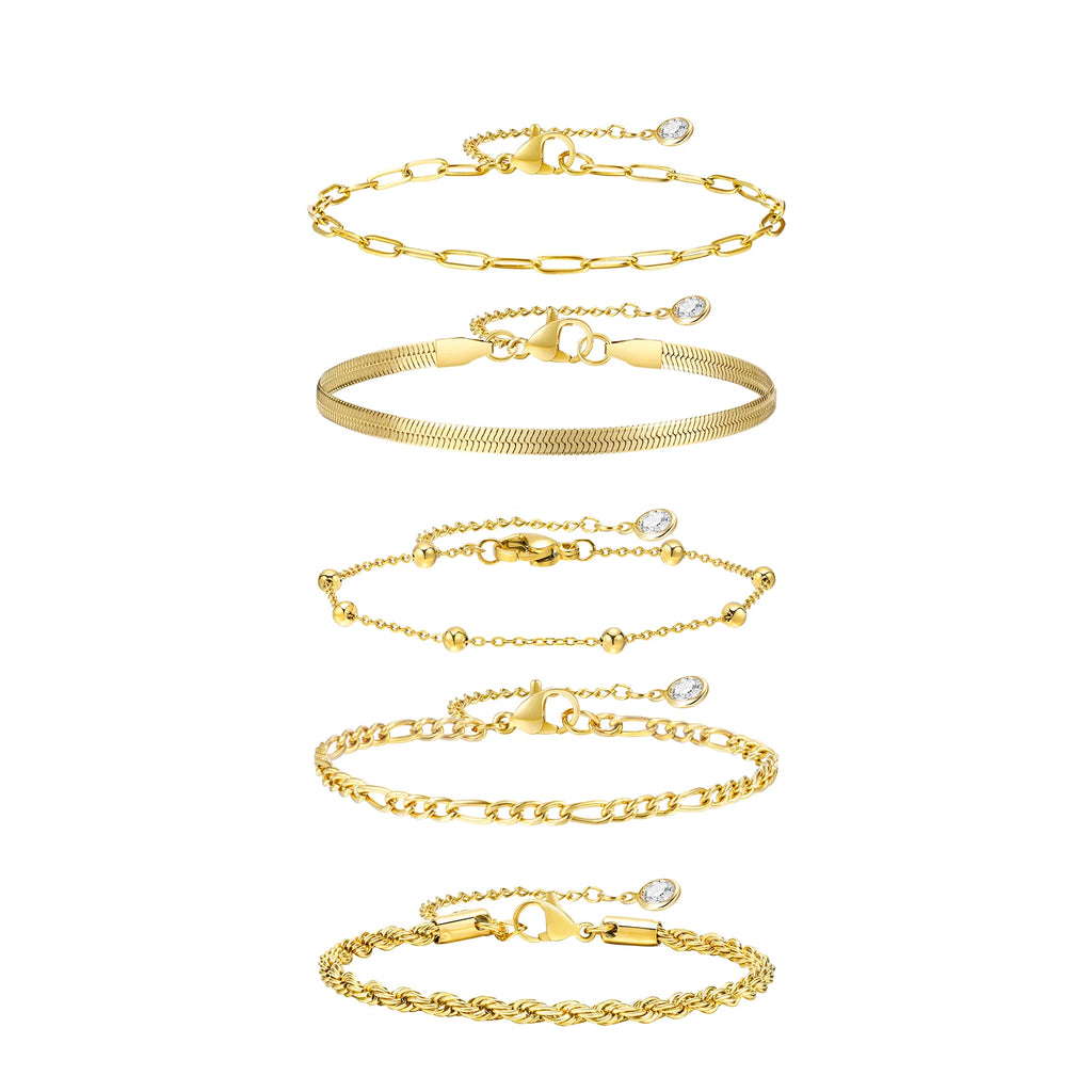 Gold Plated Bracelets Set for Women, 5pcs Chain Link Stainless Steel Statement Bracelet Stackable Layered Jewelry Adjustable