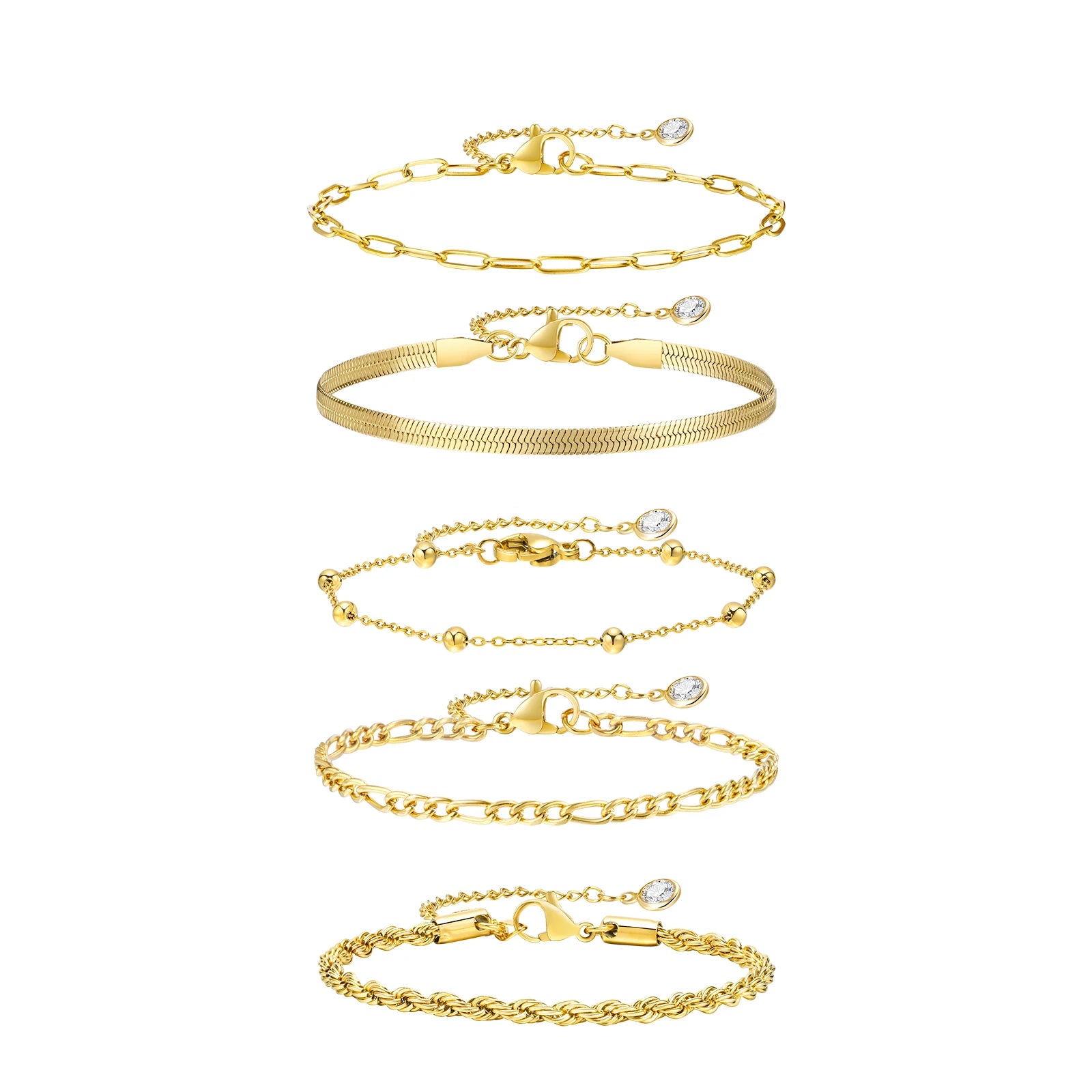 Gold Plated Bracelets Set for Women, 5pcs Chain Link Stainless Steel Statement Bracelet Stackable Layered Jewelry Adjustable