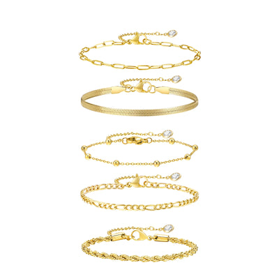 Gold Plated Bracelets Set for Women, 5pcs Chain Link Stainless Steel Statement Bracelet Stackable Layered Jewelry Adjustable