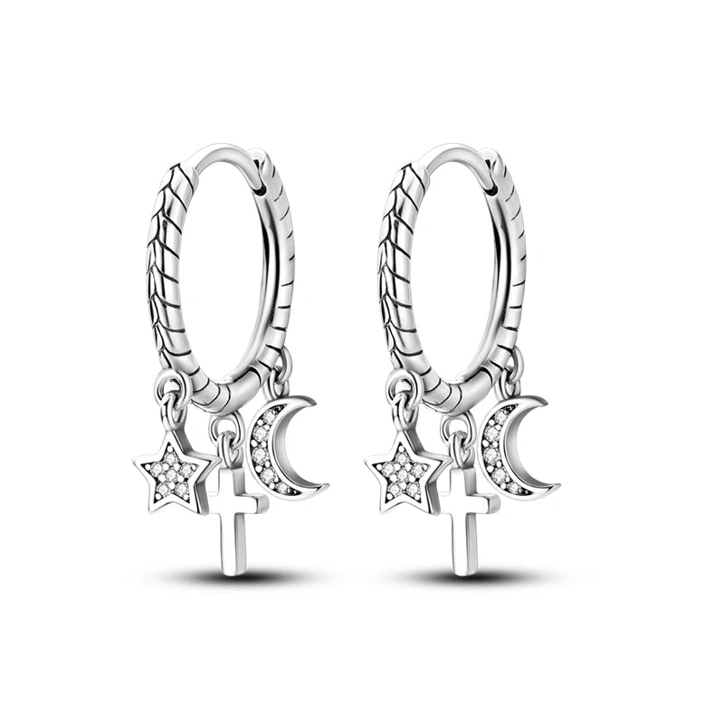 925 Sterling Silver Star Moon Sun Tassel Versatile Hoop Earrings Fine Gift