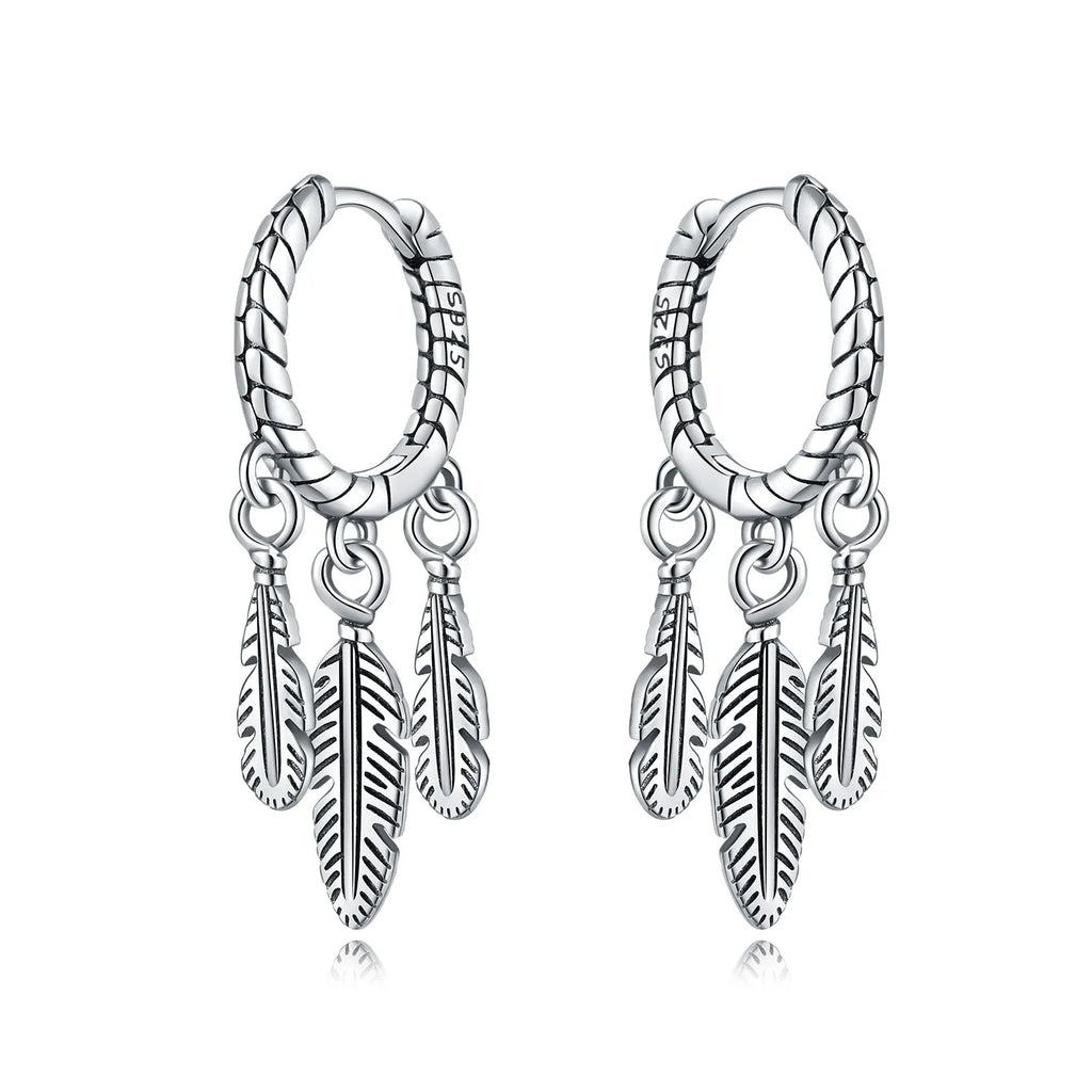 925 Sterling Silver Dreamcatcher Feather Ear Studs Hoop Earrings Jewellery Gift