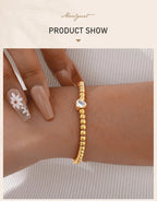 Zirconia Heart Bracelet for Women, Beaded Strand Link Bangle Gold Plated, Stainless Steel Adjustable Bracelets