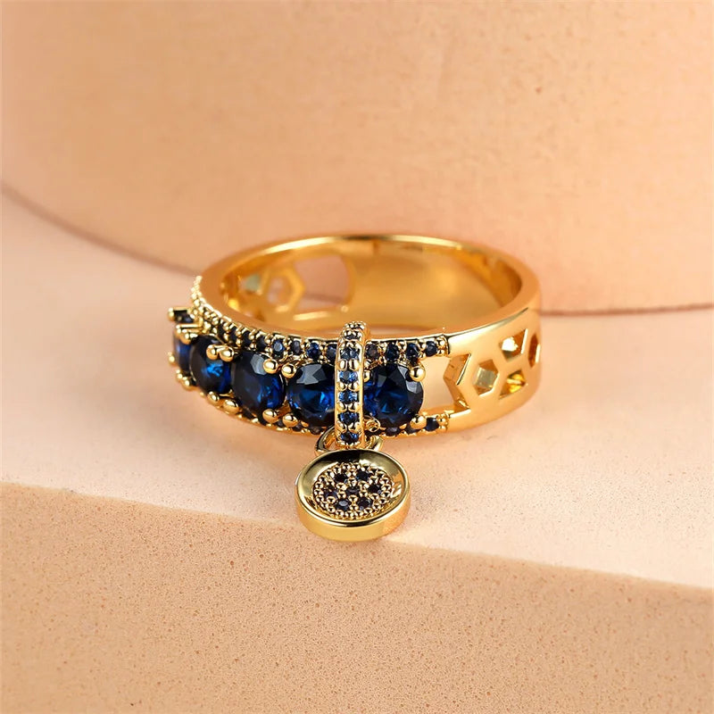Antique Green Stone Dangle Pendant Ring Gold Color Zircon Round Rings For Women Dainty Wedding Bands Valentine Day Jewelry Gifts