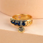 Antique Green Stone Dangle Pendant Ring Gold Color Zircon Round Rings For Women Dainty Wedding Bands Valentine Day Jewelry Gifts
