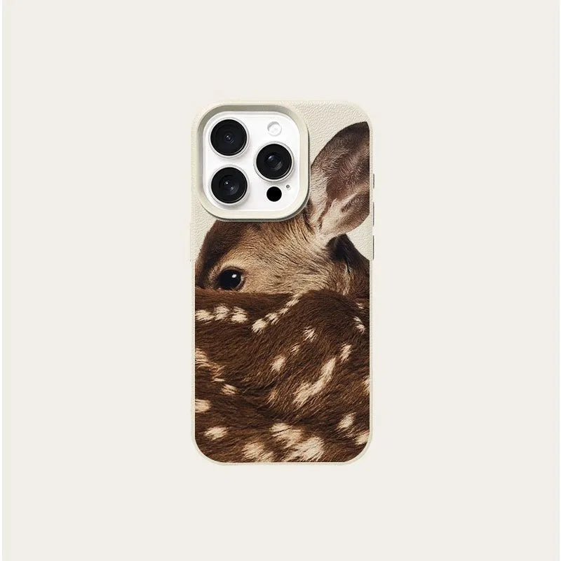 Cute Sika Deer Lychee Case for iPhone 17 16 15 14 13 12 Pro Max