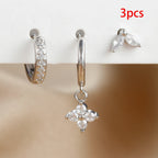 3PCS Exquisite Green Zircon Hanging Earrings Stainless Steel Flower