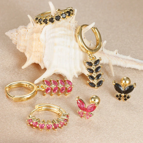 3PCS Zircon Leaf Hoop Earrings Set Stainless Steel Butterfly Studs
