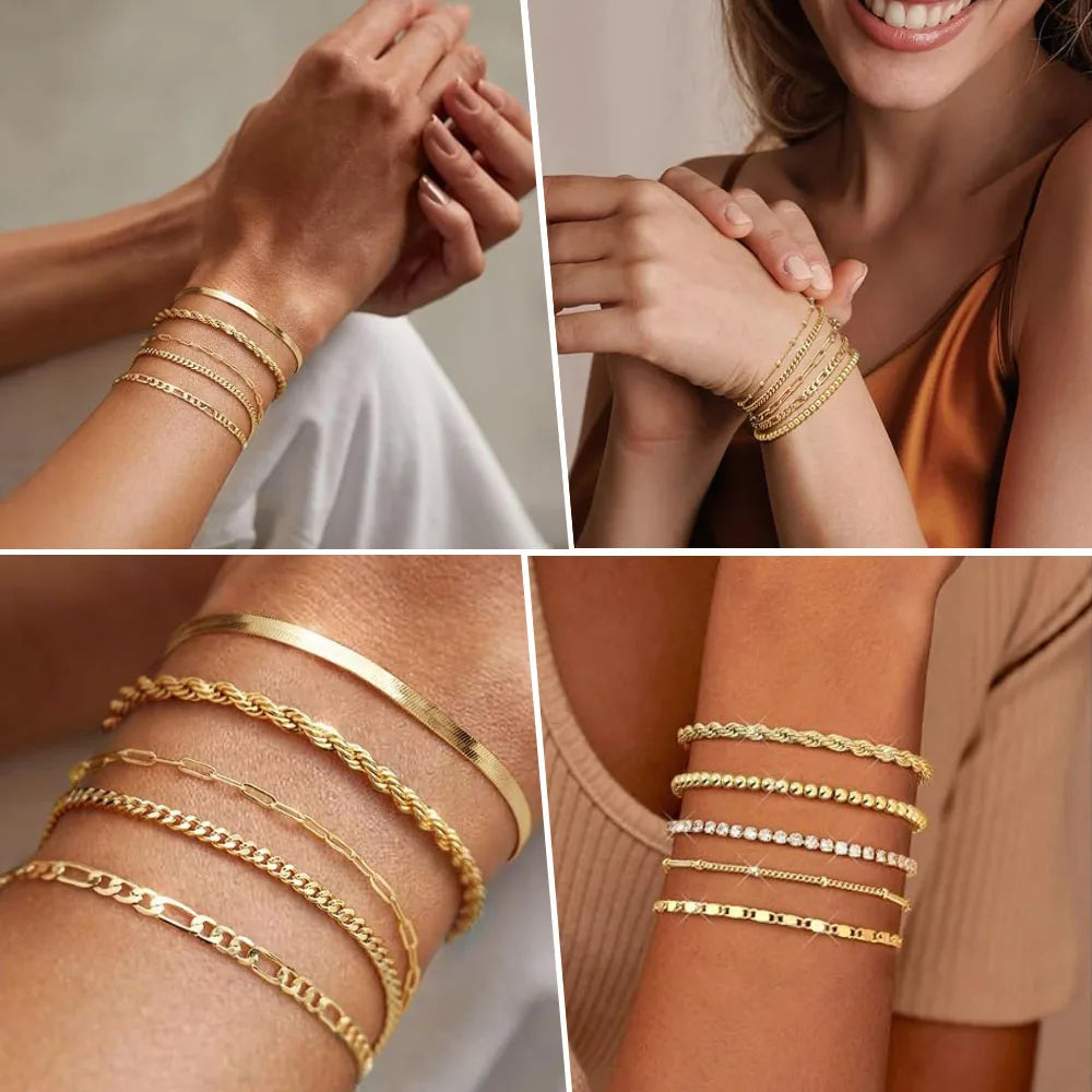 Non Tarnish Stainless Steel Bracelet Stackable for Women, Thin Herribone Chain Bracelet Waterproof Gold Plated Jewelry