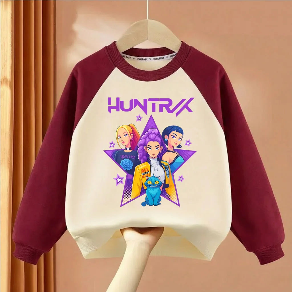 Girls O-Neck Spliced Long Sleeve Hoodies Cartoon Print Casual Pullovers