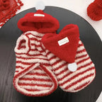 Pompom & Stripe Pet Hoodie, Red Plush Dog Cat Vest with Cute Hood, Soft Warm Fleece Jacket for Small Medium Puppy Kitten