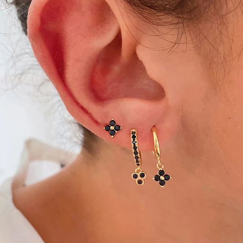 3PCS Vintage Stainless Steel Flowers Huggies Hoop Earrings Zircon