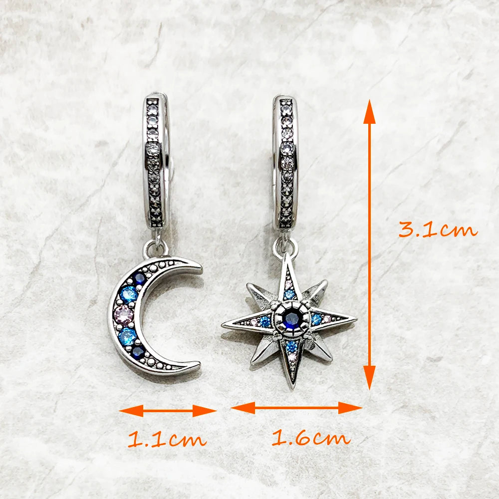 Royalty Star & Moon Hinged Hoop Earrings 925 Sterling Silver Lucky Gift