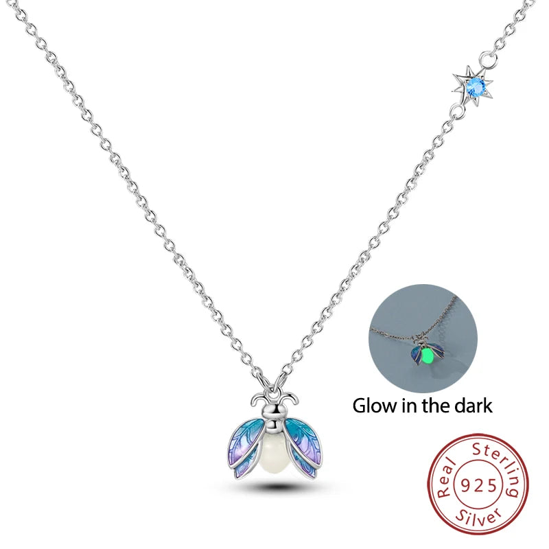 925 Sterling Silver Luminous Firefly Heart Shaped Zircon Pendant Necklace For Women Fashion Anniversary Birthday Jewelry Gifts