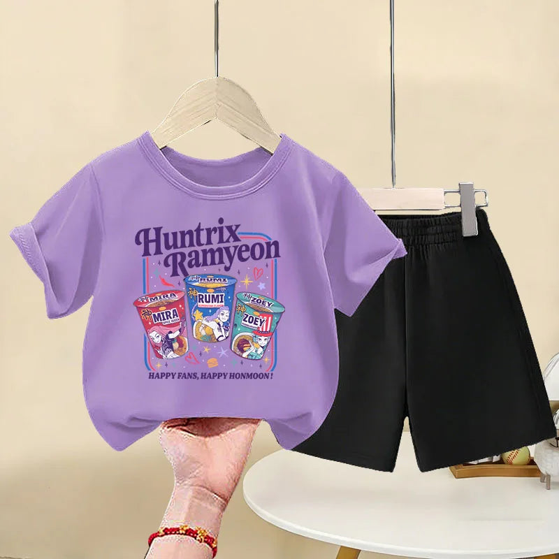 K-pop Girls Summer Casual Outfit Short Sleeve Top and Elastic Waist Shorts